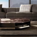 Marble-Top Modern Coffee Table with Polished Metal Base & Open Shelf
