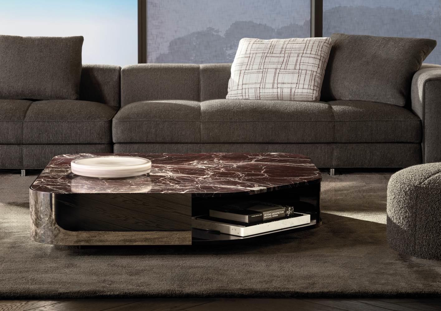 Marble-Top Modern Coffee Table with Polished Metal Base & Open Shelf