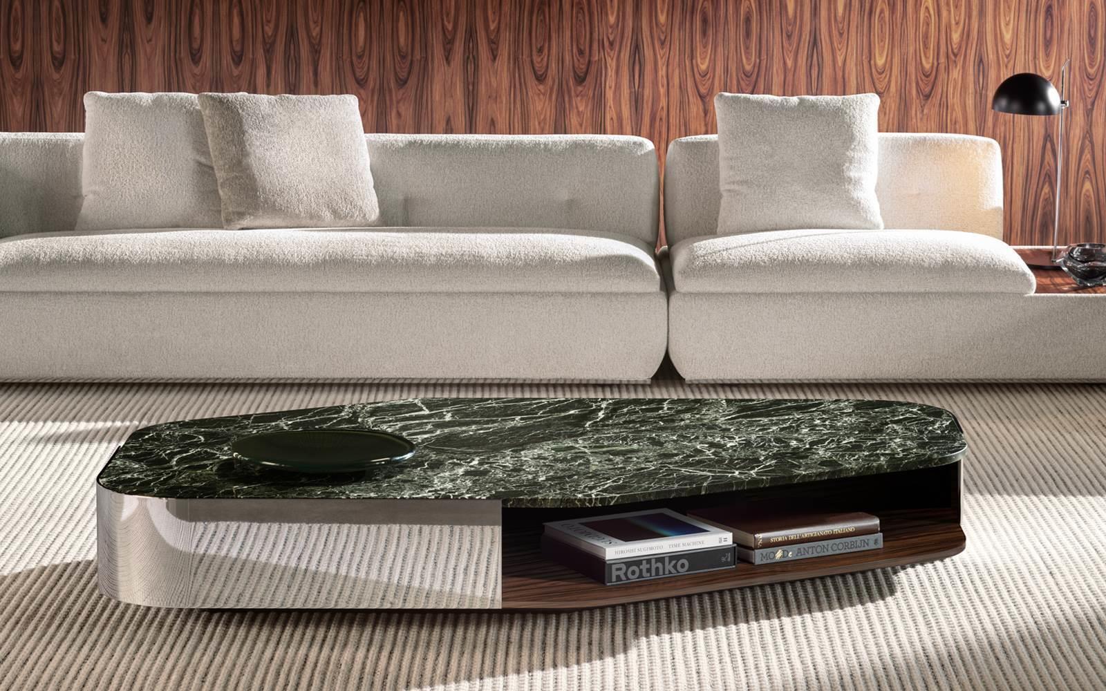 Marble-Top Modern Coffee Table with Polished Metal Base & Open Shelf