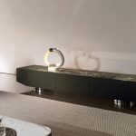 Olive Green Media Console with Marble Top Cabinet Storage and Polished Metal Base