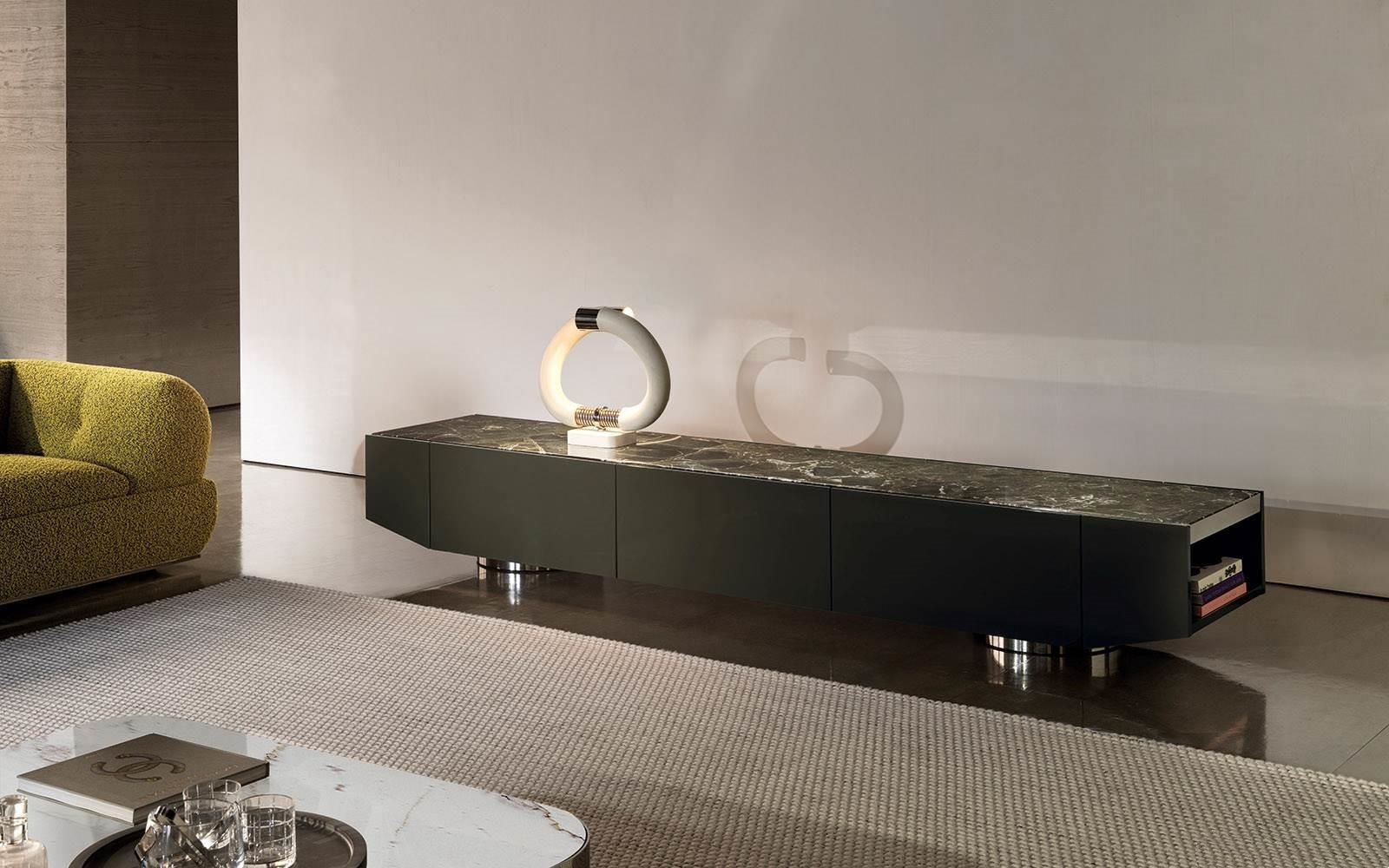 Olive Green Media Console with Marble Top Cabinet Storage and Polished Metal Base