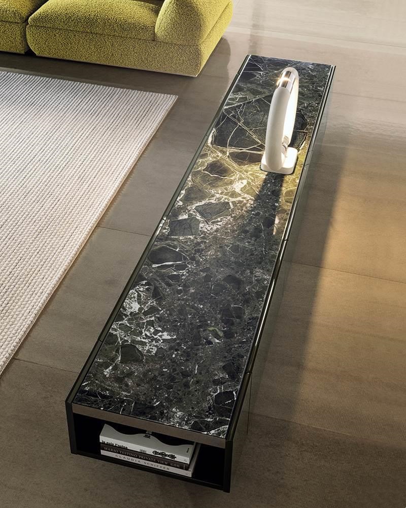 Olive Green Media Console with Marble Top Cabinet Storage and Polished Metal Base