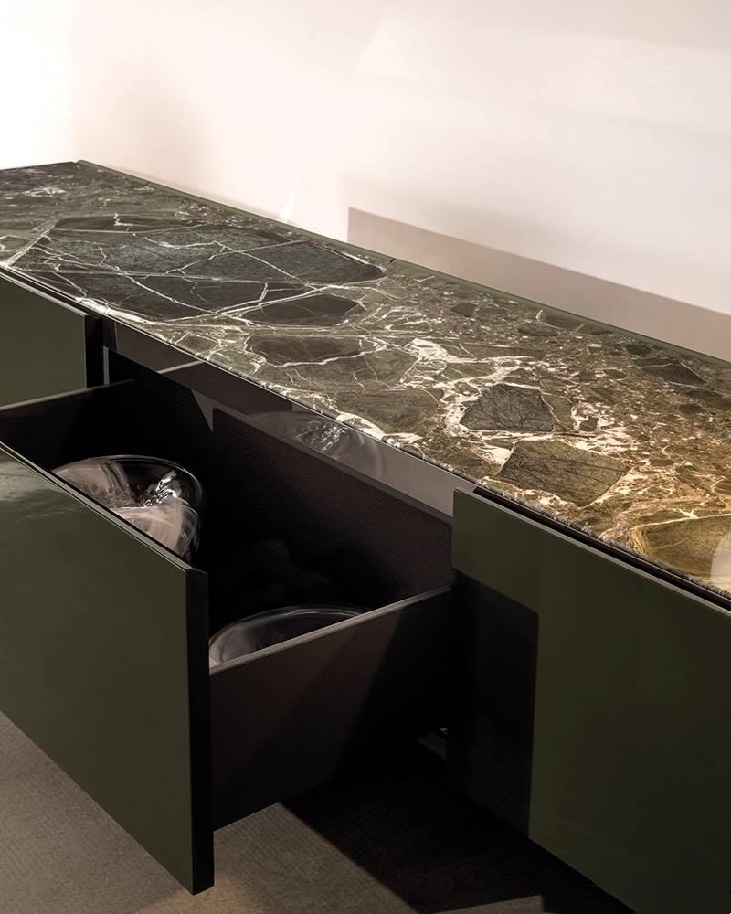 Olive Green Media Console with Marble Top Cabinet Storage and Polished Metal Base