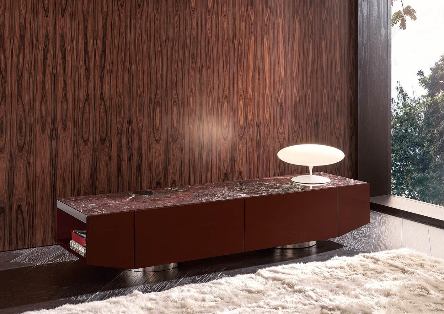 Olive Green Media Console with Marble Top Cabinet Storage and Polished Metal Base