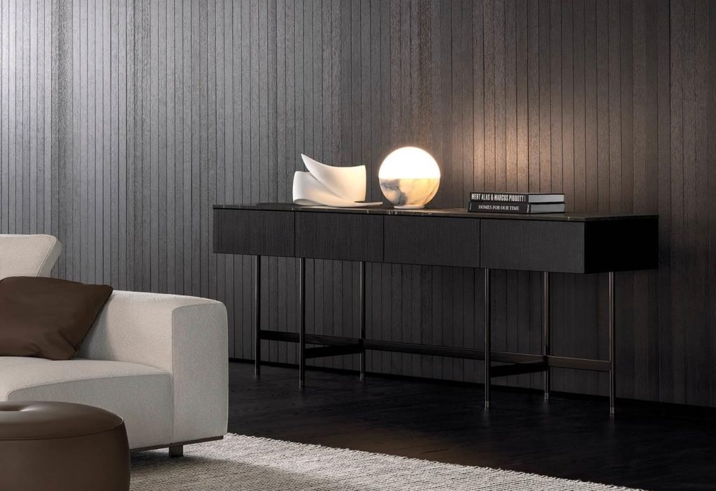 Sleek Dark Wood Sideboard with Polished Black Marble Top and Slim Metal Legs