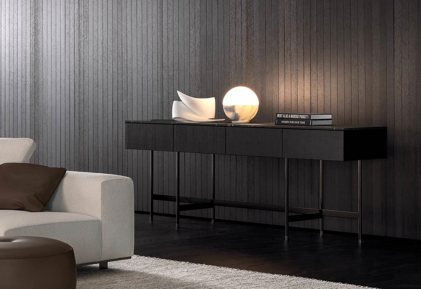 Sleek Dark Wood Sideboard with Polished Black Marble Top and Slim Metal Legs
