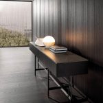 Sleek Dark Wood Sideboard with Polished Black Marble Top and Slim Metal Legs