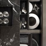 Sleek Dark Wood Sideboard with Polished Black Marble Top and Slim Metal Legs