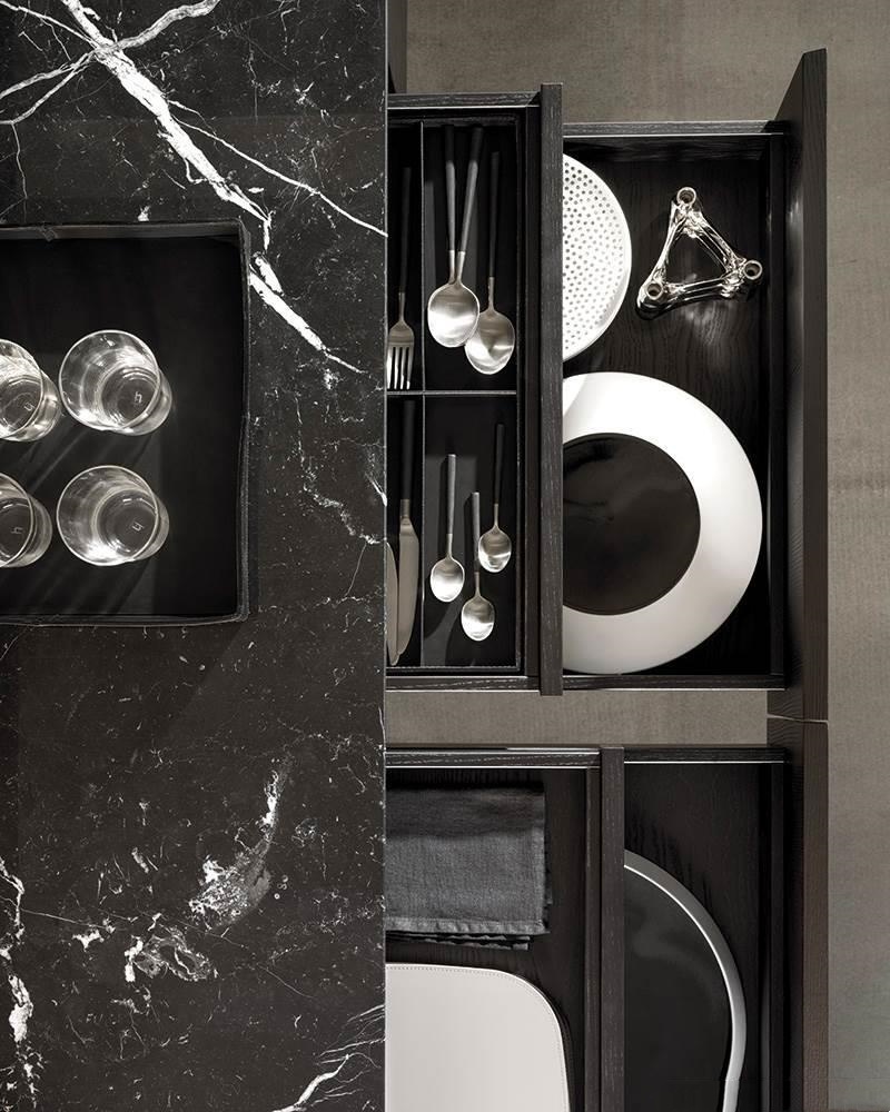 Sleek Dark Wood Sideboard with Polished Black Marble Top and Slim Metal Legs