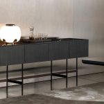 Sleek Dark Wood Sideboard with Polished Black Marble Top and Slim Metal Legs
