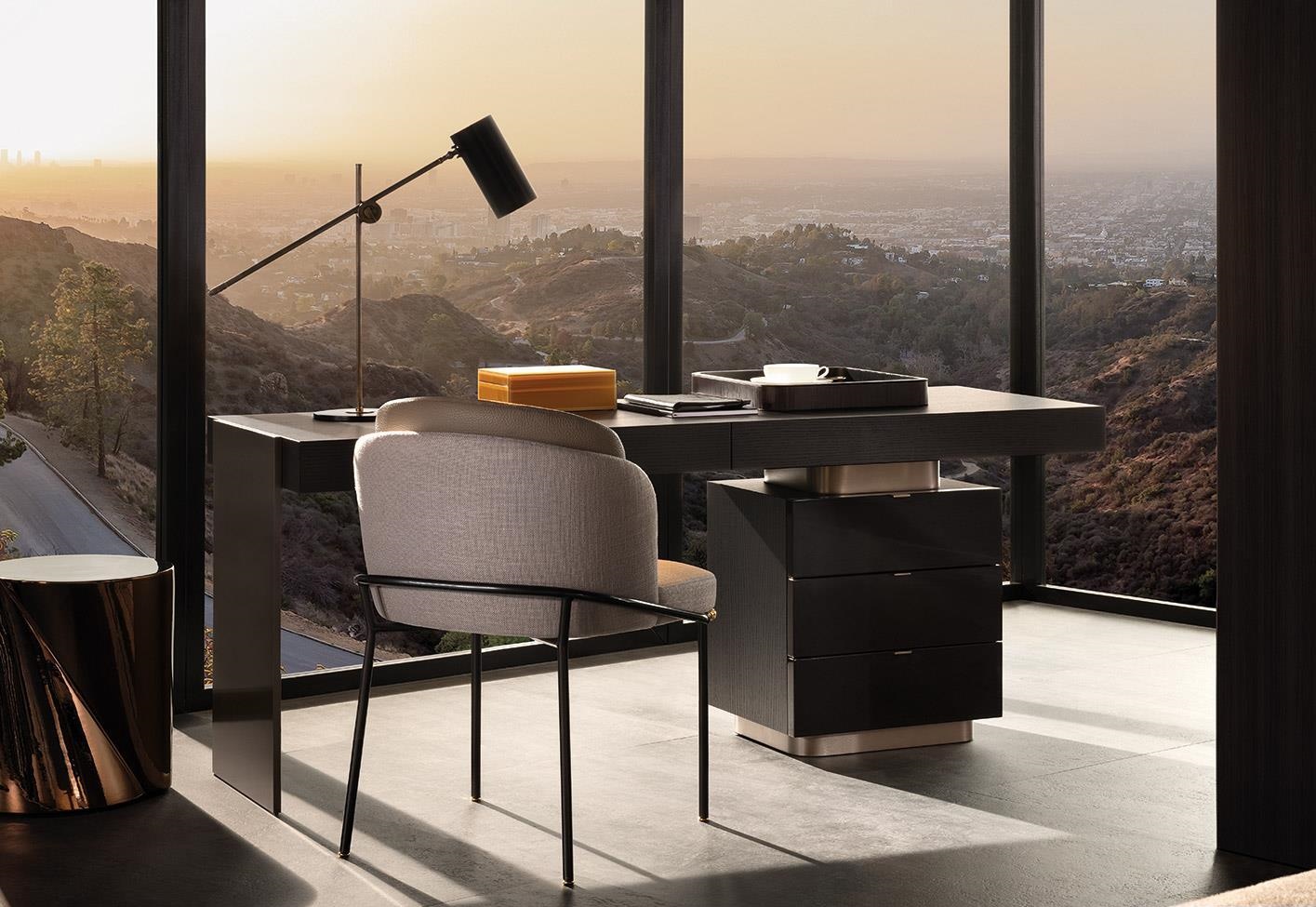 Modern Minimalist Floating Desk with 3 Drawer Storage Cabinet Dark Wood Black Gloss Finish