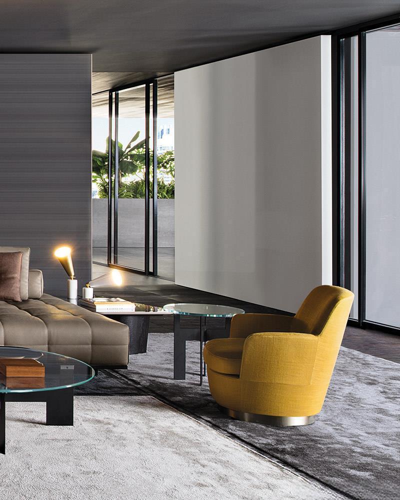 Luxury Swivel Yellow Armchair with Goose Down Cushions and Bronze Metal Base