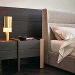 Modern Two Drawer Nightstands Dark Wood Orange Leather Accent Minimalist Bedside Tables