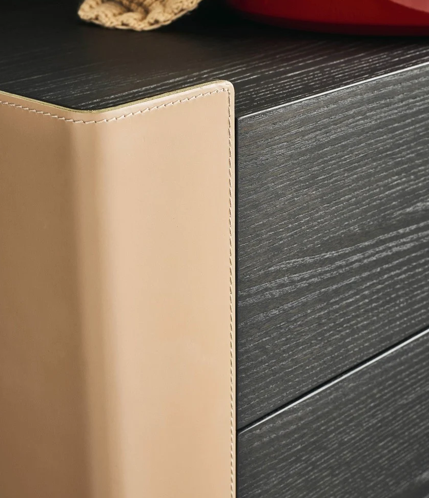 Modern Two Drawer Nightstands Dark Wood Orange Leather Accent Minimalist Bedside Tables