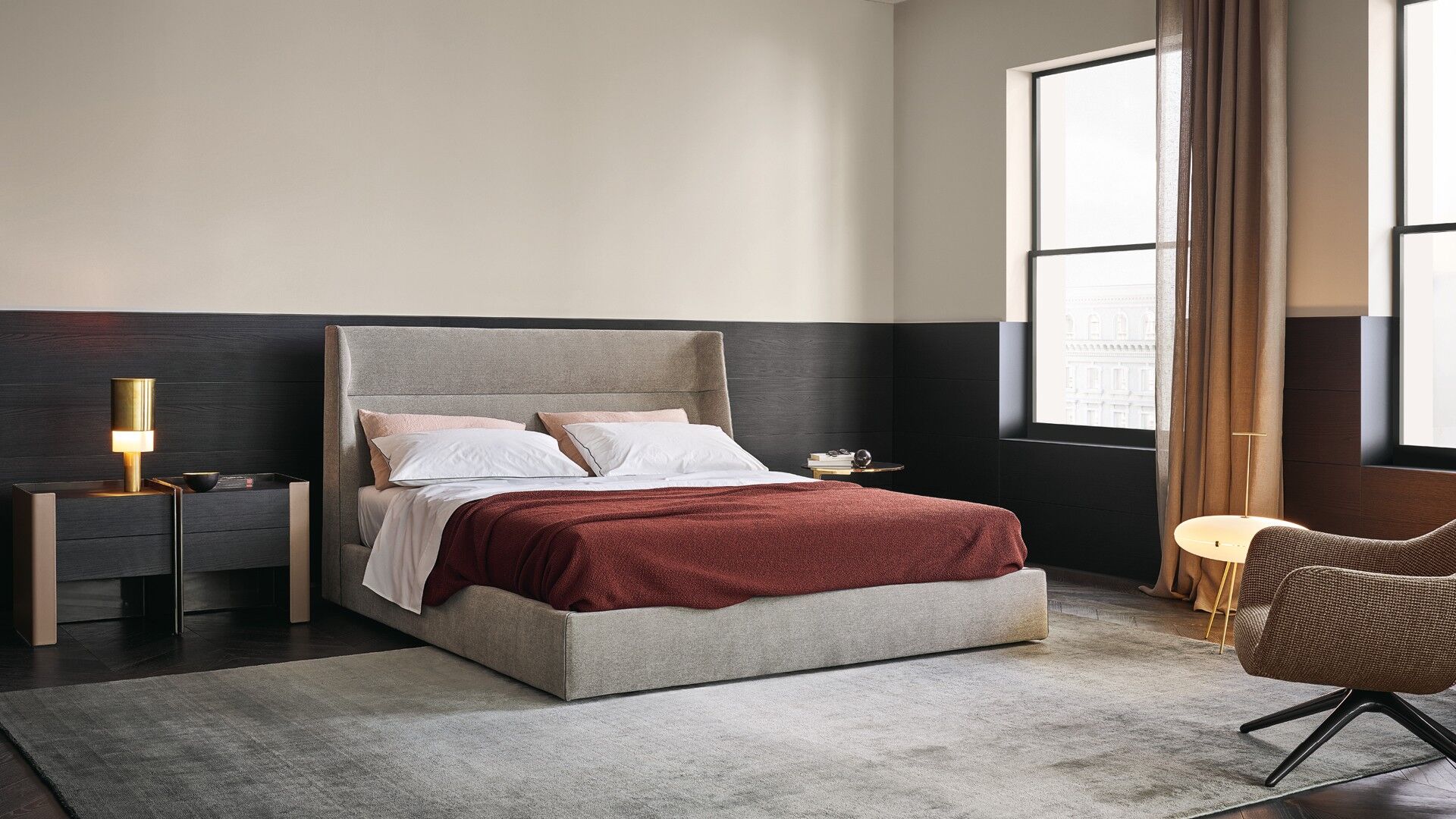 Modern Two Drawer Nightstands Dark Wood Orange Leather Accent Minimalist Bedside Tables