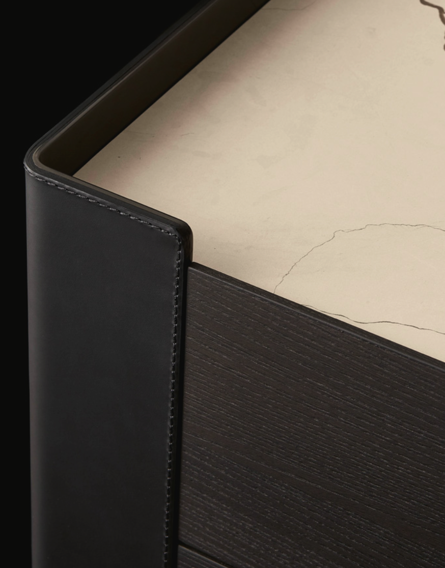 Modern Two Drawer Nightstands Dark Wood Orange Leather Accent Minimalist Bedside Tables