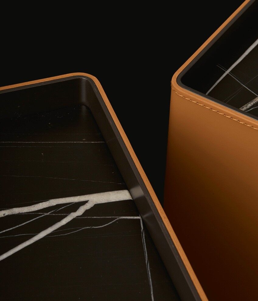 Modern Two Drawer Nightstands Dark Wood Orange Leather Accent Minimalist Bedside Tables