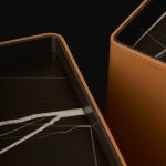 Modern Two Drawer Nightstands Dark Wood Orange Leather Accent Minimalist Bedside Tables