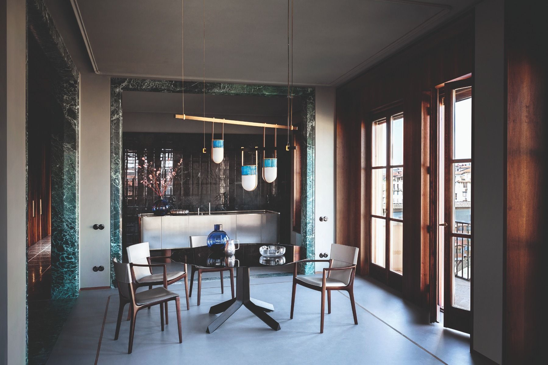 Tan Leather Dining Chair with Dark Wood Frame and Sleek Curved Design