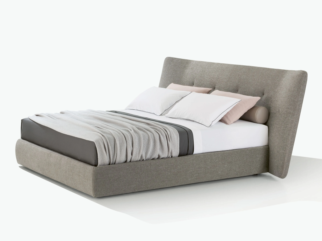 Plush Gray Fabric Bed with Wingback Headboard and Soft Upholstered Design