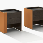 Modern Two Drawer Nightstands Dark Wood Orange Leather Accent Minimalist Bedside Tables