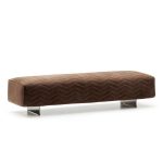 Brown Chevron-Quilted Bench with Velvet Upholstery and Polished Metal Legs