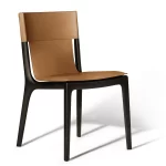 Tan Leather Dining Chair with Dark Wood Frame and Sleek Curved Design