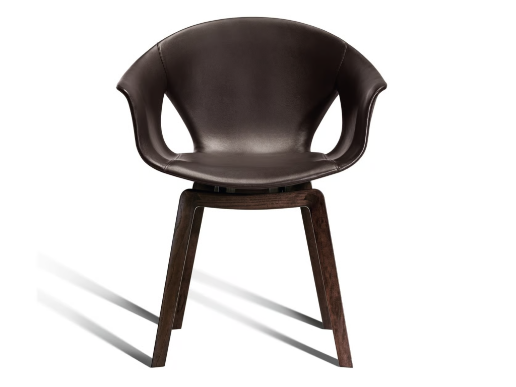 Modern Curved Brown Leather Armchair with Solid Dark Wood Legs Ergonomic Lounge Seat
