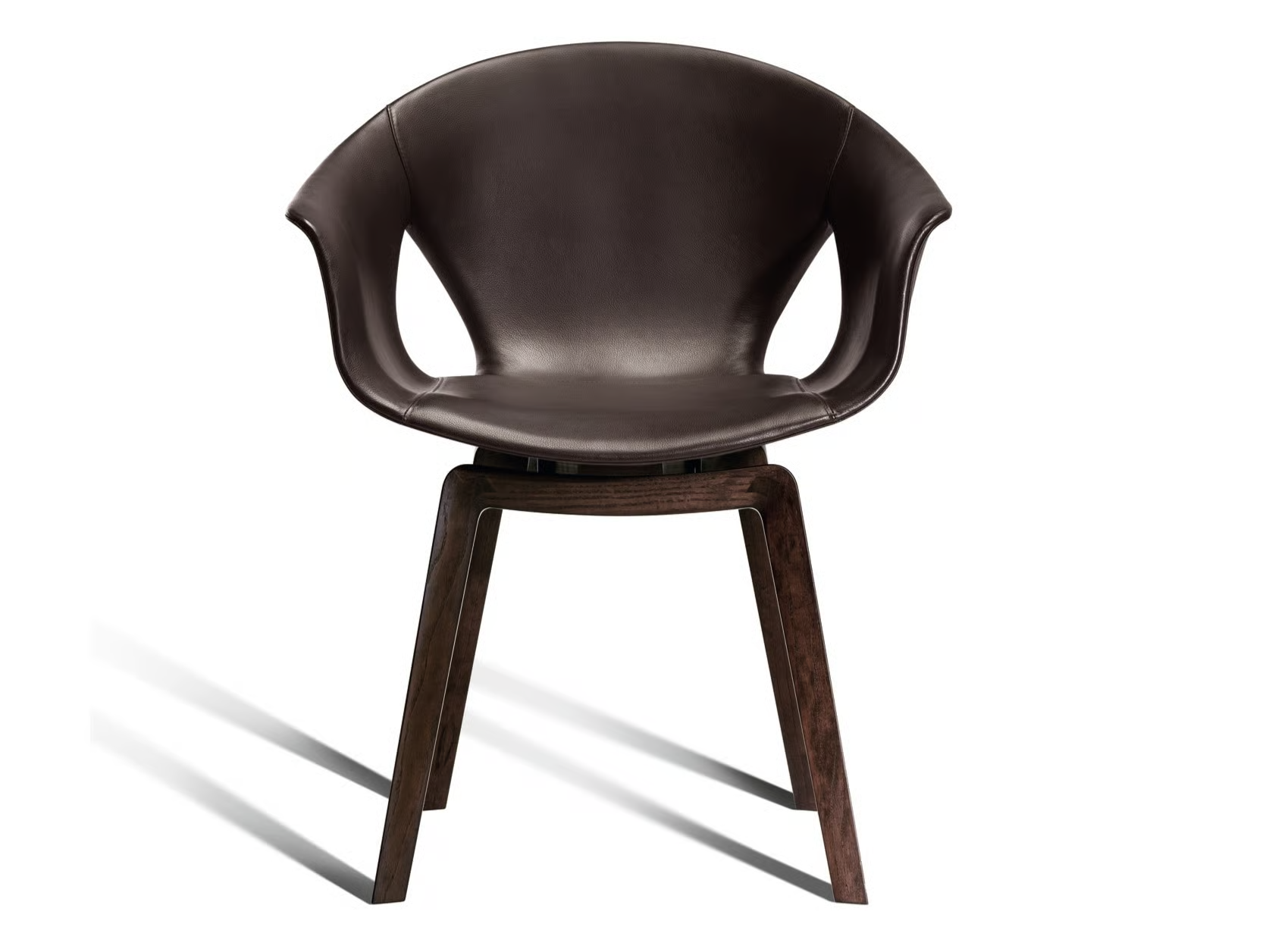 Modern Curved Brown Leather Armchair with Solid Dark Wood Legs Ergonomic Lounge Seat