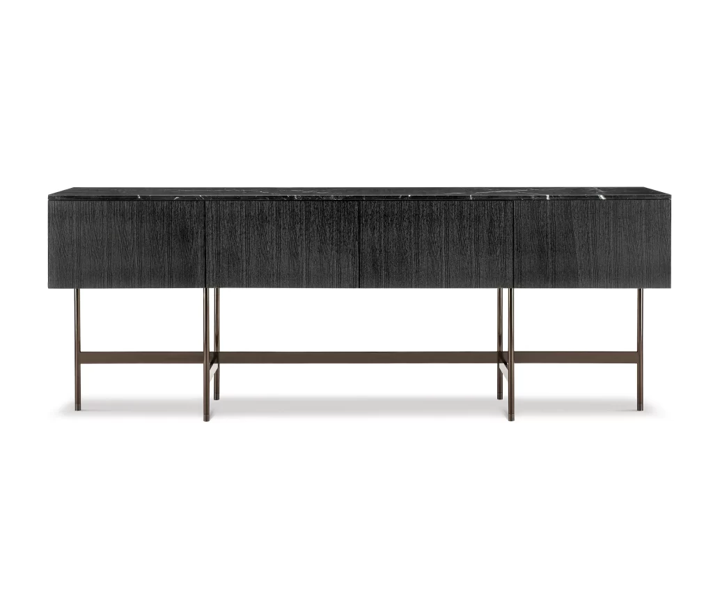 Sleek Dark Wood Sideboard with Polished Black Marble Top and Slim Metal Legs