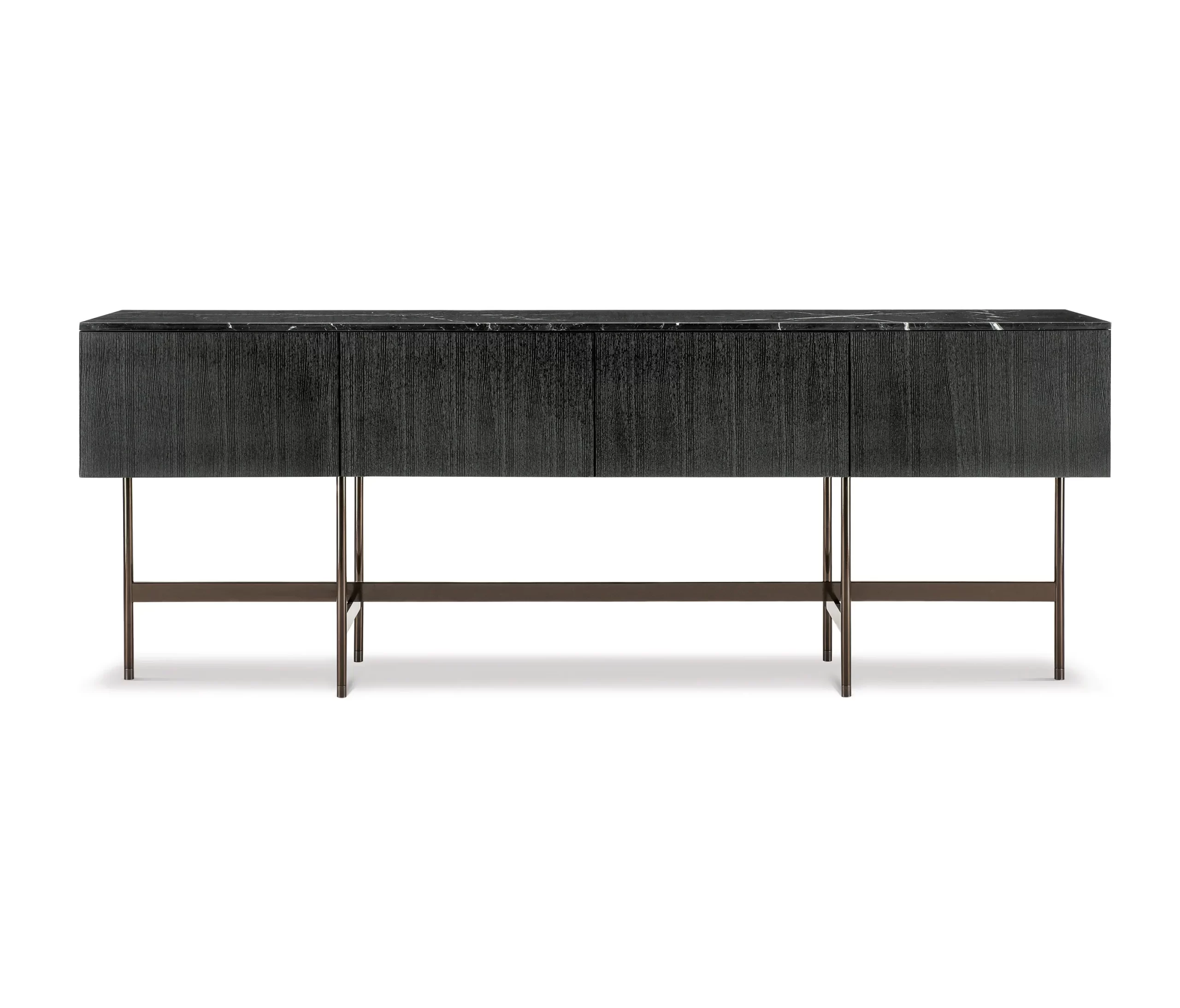 Sleek Dark Wood Sideboard with Polished Black Marble Top and Slim Metal Legs