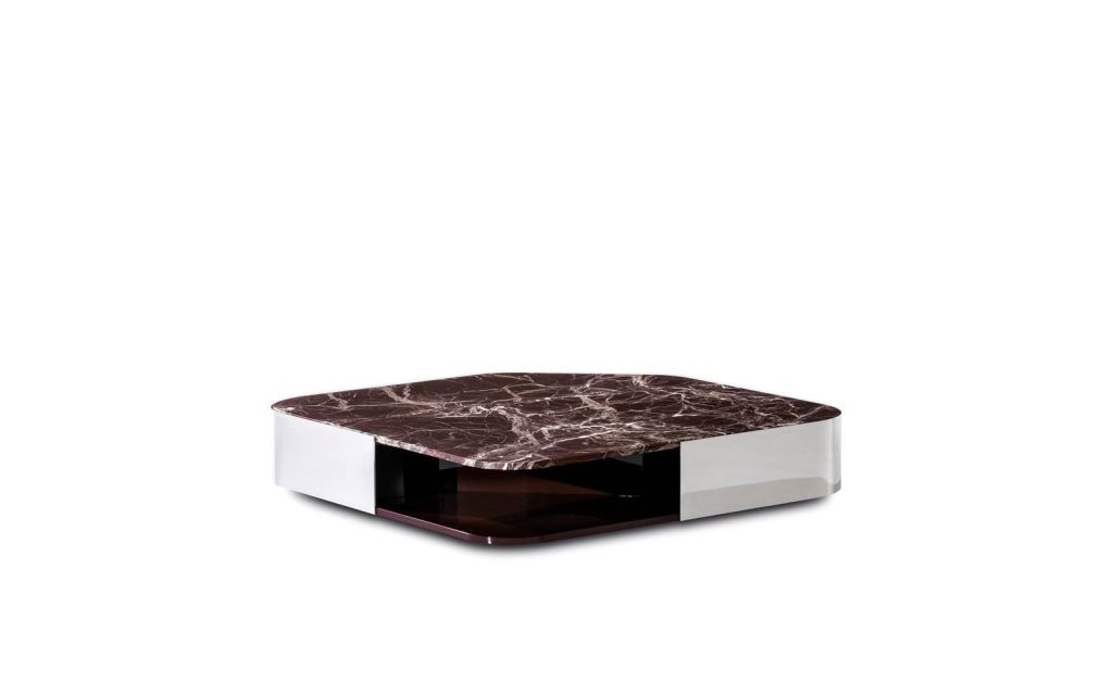Marble-Top Modern Coffee Table with Polished Metal Base & Open Shelf