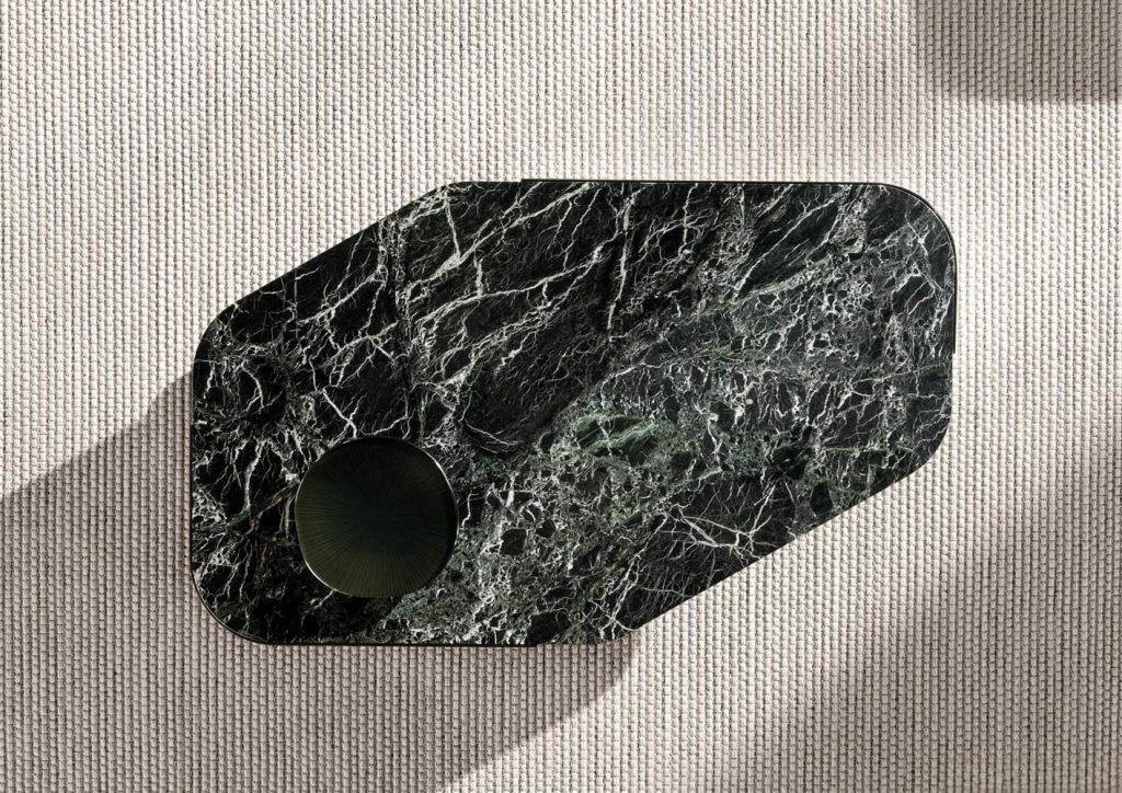 Marble-Top Modern Coffee Table with Polished Metal Base & Open Shelf