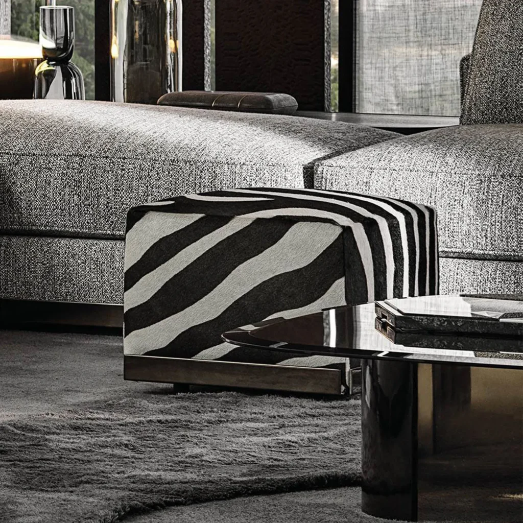 Modern Square Black and White Jacquard Velvet Footstool Solid Wood Frame