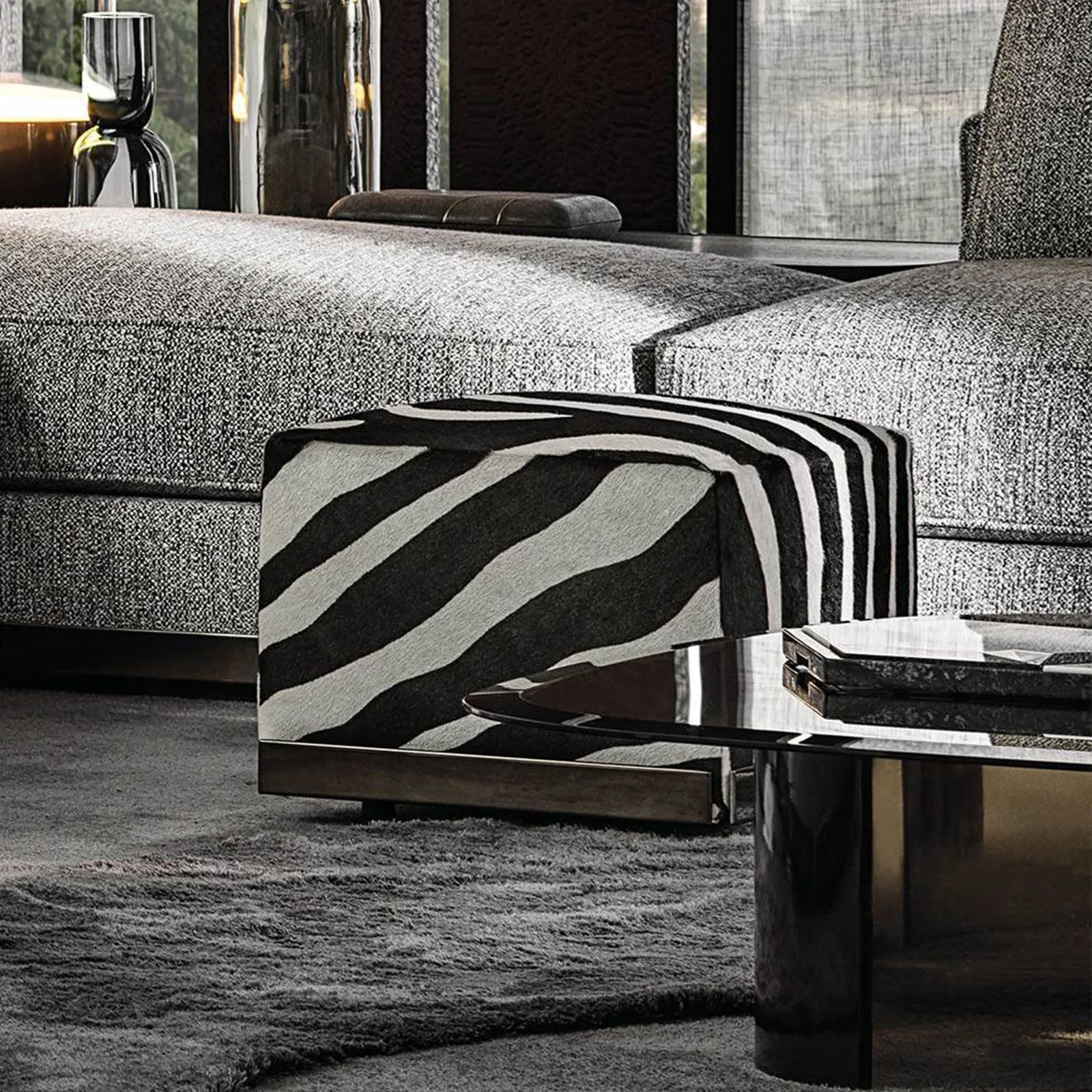 Modern Square Black and White Jacquard Velvet Footstool Solid Wood Frame