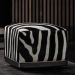 Modern Square Black and White Jacquard Velvet Footstool Solid Wood Frame