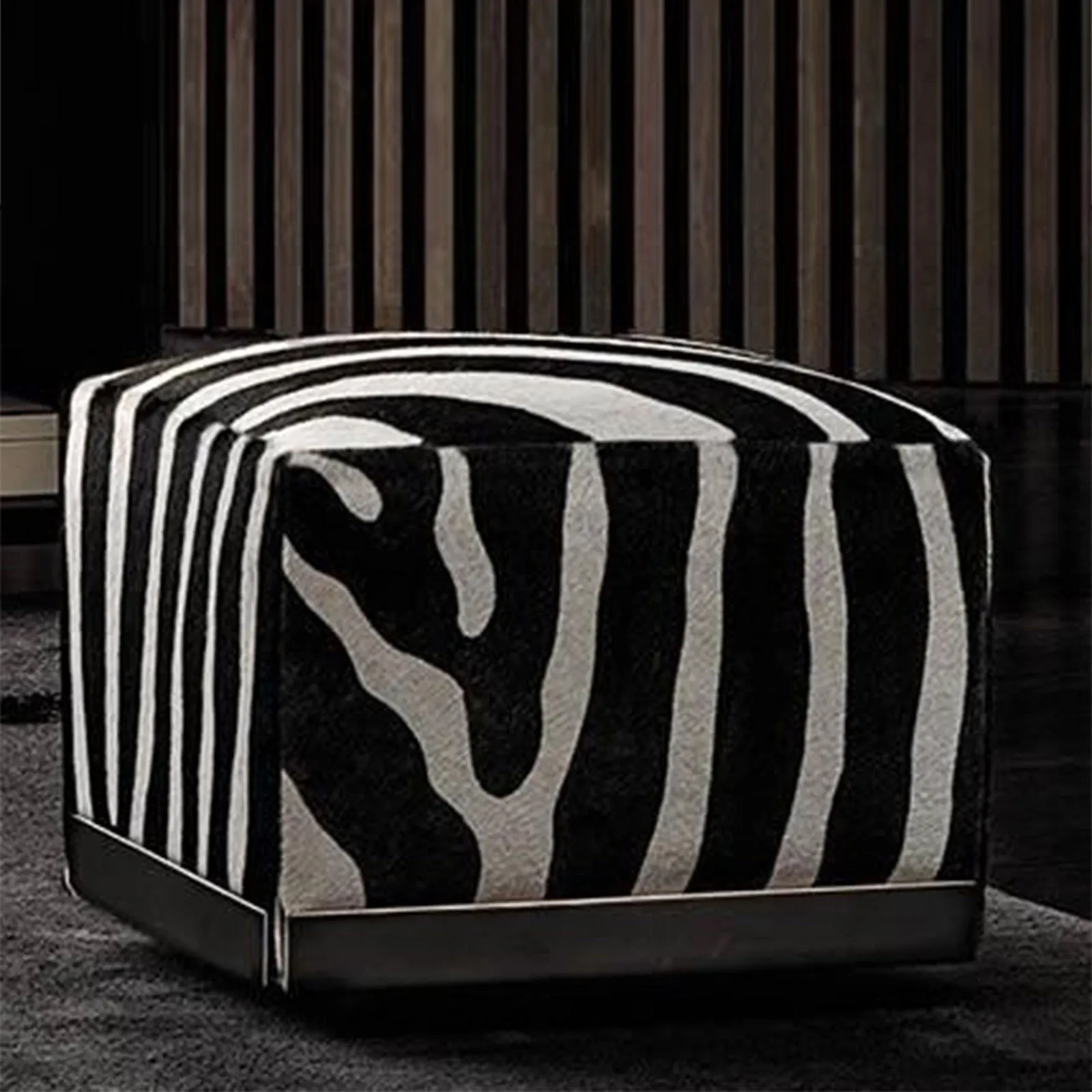 Modern Square Black and White Jacquard Velvet Footstool Solid Wood Frame