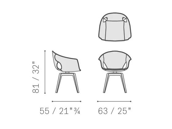 Modern Curved Brown Leather Armchair with Solid Dark Wood Legs Ergonomic Lounge Seat