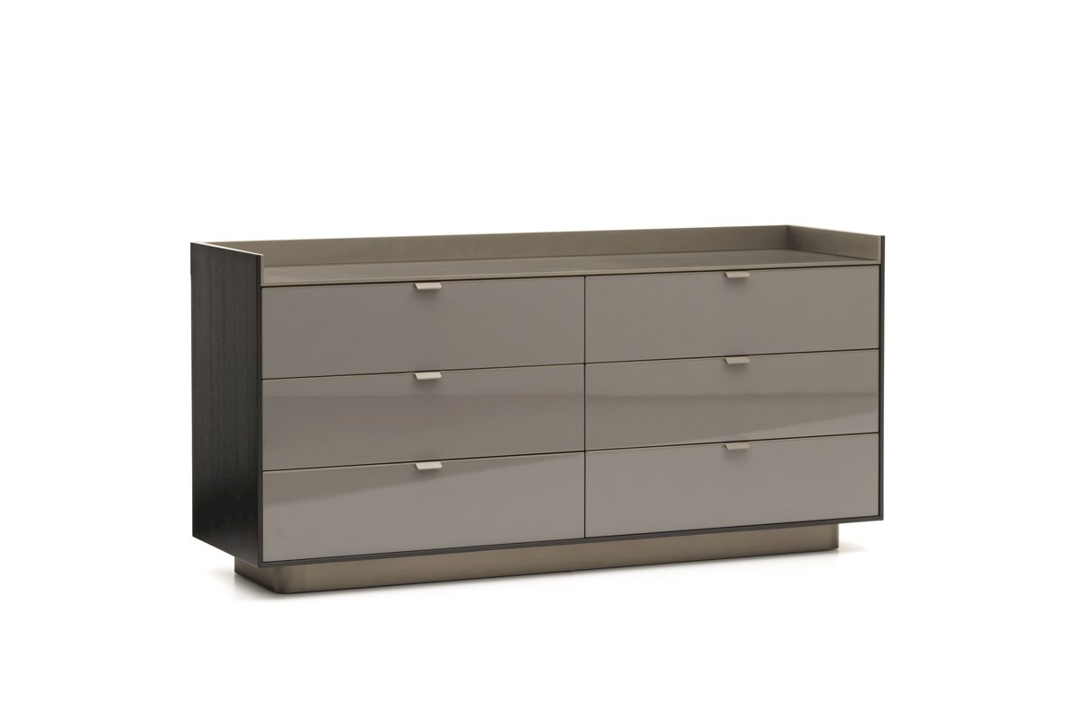 Sleek Gray Chest of Drawers with Glossy Finish and Minimalist Metal Handles