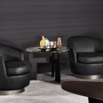 Luxury Swivel Brown Armchair with Goose Down Cushions and Bronze Metal Base