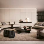 Sculptural Curved Sofa with Leather-Wrapped Base and Contrast Stitch Detailing