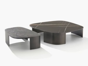 Modern Black Marble Coffee Table Set Asymmetric Metal Base