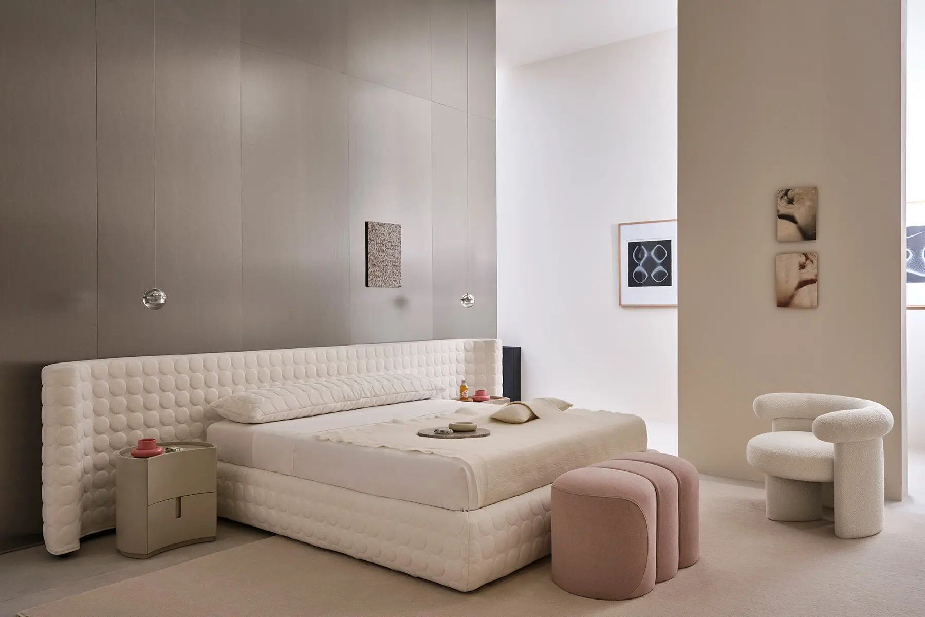 Bubble Tufted White Upholstered Platform Bed Modern