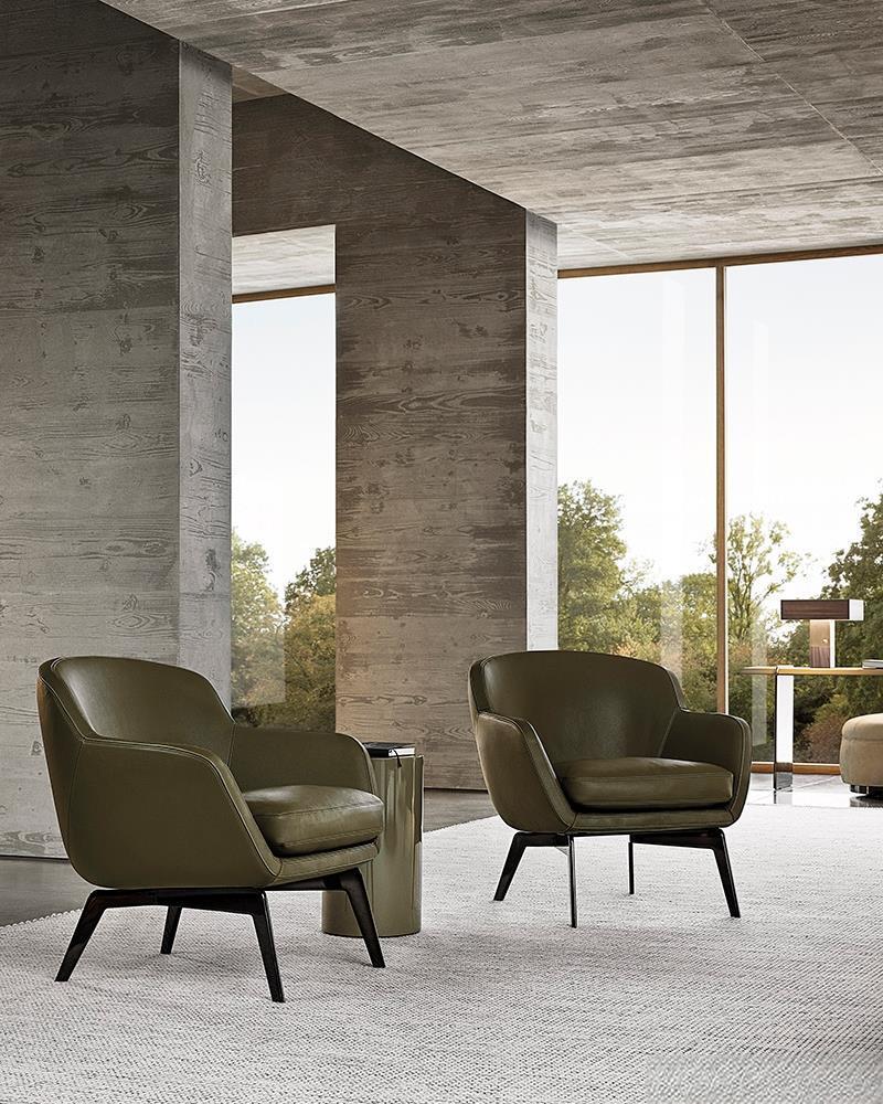 Luxury Armchair with Defining Leather Belt and Brandy Polished Aluminum Base