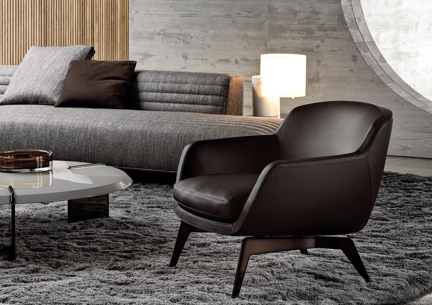 Luxury Armchair with Defining Leather Belt and Brandy Polished Aluminum Base