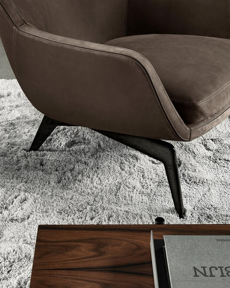 Luxury Armchair with Defining Leather Belt and Brandy Polished Aluminum Base