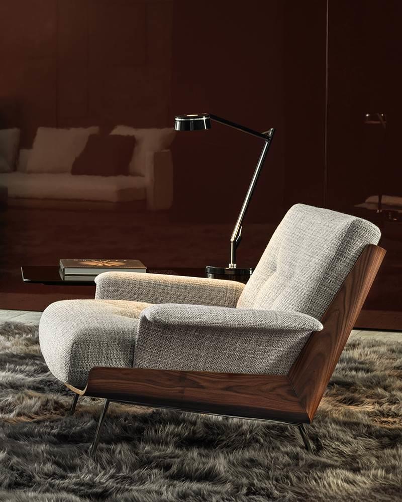 Genuine Leather Black Italian Minimalist Armchair with Wooden Legs