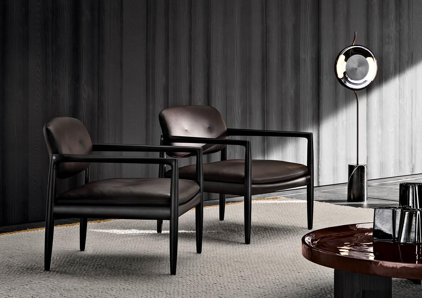 Sculpted Walnut Frame and Plush Channeled Cushioning Armchair with Footrest