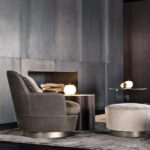 Luxury Swivel Brown Armchair with Goose Down Cushions and Bronze Metal Base