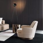 Luxury Swivel Brown Armchair with Goose Down Cushions and Bronze Metal Base